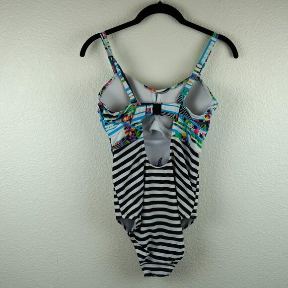 Figleaves 32E One-Piece Swimsuit  Stripe & Floral Print Underwire Back Cutout - Picture 4 of 9